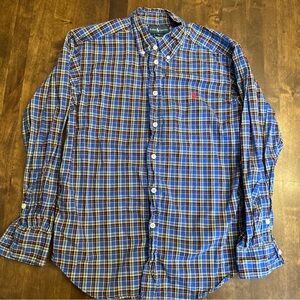 Ralph Lauren Boys Button Down Long Sleeve Plaid Shirt Blue Preppy Pony Size M